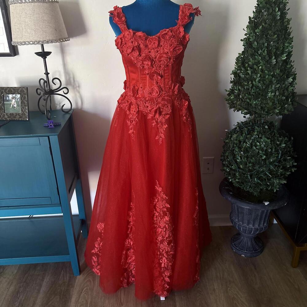Custom Red Beaded Embroidered Corset Ball Gown Princess XXS